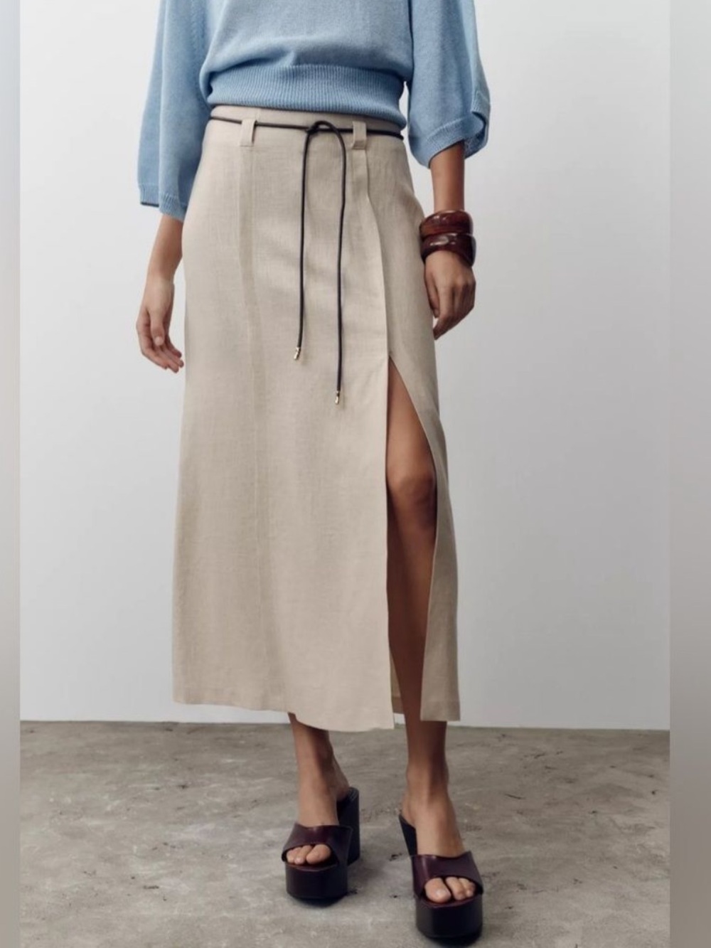 ZARA LINEN BLEND BELTED MIDI SKIRT. M NWT